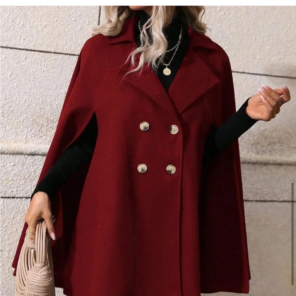 Burgundy Elegant Women's Double Breasted Cape Sleeve Coat